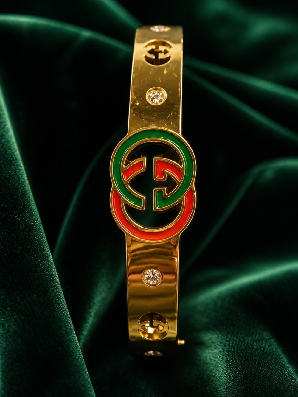 Gold-Tone Women’s Bracelet with Green and Red Enamel Accent